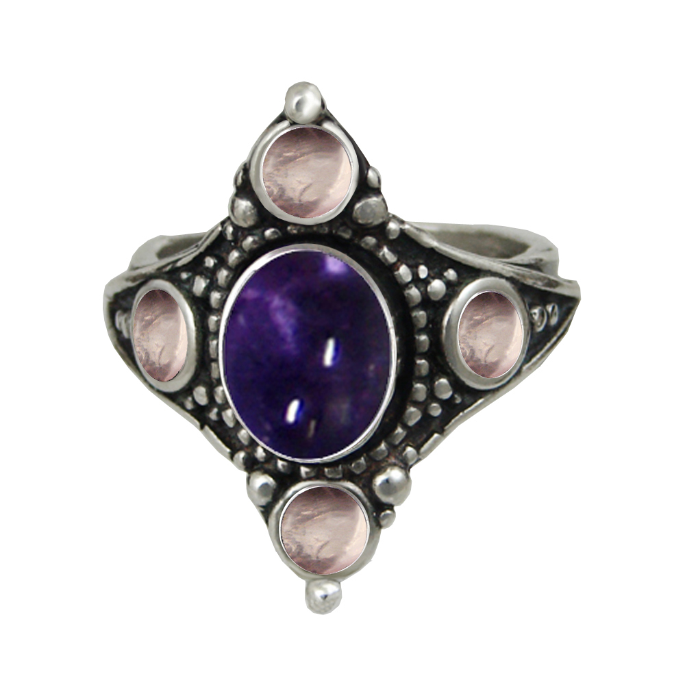 Sterling Silver Renaissance Queen's Ring With Iolite And Rose Quartz Size 9